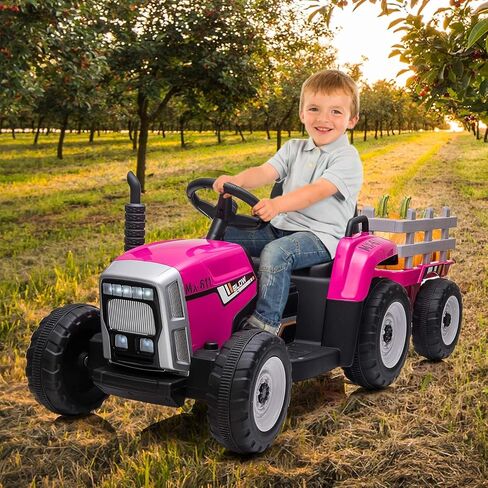12V Ride on Tractor with Trailer & Remote Control,Speed Up to 5mph, Toddler Electric Vehicle Car with LED Headlights,2+1 Gear Shift,MP3 Player,USB for 3-6 Years Kids (25W,Red) in Saudi Arabia
