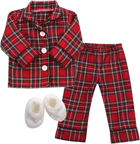 Sophia's Red Flannel Pajama Top with White Buttons, Pajama Bottoms with Black Piping, and White Fluffy Slippers 3 Piece Set for Boy or Girl 18" Dolls, Red in Saudi Arabia