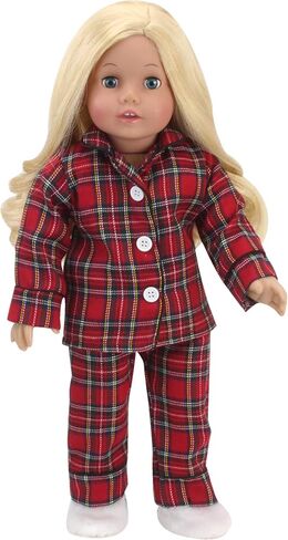 Sophia's Red Flannel Pajama Top with White Buttons, Pajama Bottoms with Black Piping, and White Fluffy Slippers 3 Piece Set for Boy or Girl 18" Dolls, Red in Saudi Arabia