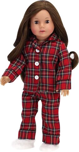 Sophia's Red Flannel Pajama Top with White Buttons, Pajama Bottoms with Black Piping, and White Fluffy Slippers 3 Piece Set for Boy or Girl 18" Dolls, Red in Saudi Arabia