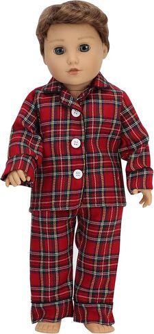 Sophia's Red Flannel Pajama Top with White Buttons, Pajama Bottoms with Black Piping, and White Fluffy Slippers 3 Piece Set for Boy or Girl 18" Dolls, Red in Saudi Arabia