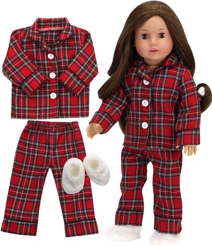Sophia's Red Flannel Pajama Top with White Buttons, Pajama Bottoms with Black Piping, and White Fluffy Slippers 3 Piece Set for Boy or Girl 18" Dolls, Red in Saudi Arabia