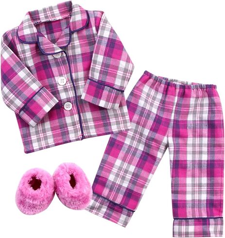 Sophia's Red Flannel Pajama Top with White Buttons, Pajama Bottoms with Black Piping, and White Fluffy Slippers 3 Piece Set for Boy or Girl 18" Dolls, Red in Saudi Arabia