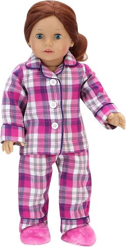 Sophia's Red Flannel Pajama Top with White Buttons, Pajama Bottoms with Black Piping, and White Fluffy Slippers 3 Piece Set for Boy or Girl 18" Dolls, Red in Saudi Arabia