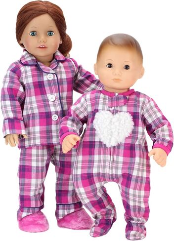 Sophia's Red Flannel Pajama Top with White Buttons, Pajama Bottoms with Black Piping, and White Fluffy Slippers 3 Piece Set for Boy or Girl 18" Dolls, Red in Saudi Arabia