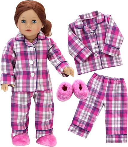 Sophia's Red Flannel Pajama Top with White Buttons, Pajama Bottoms with Black Piping, and White Fluffy Slippers 3 Piece Set for Boy or Girl 18" Dolls, Red in Saudi Arabia