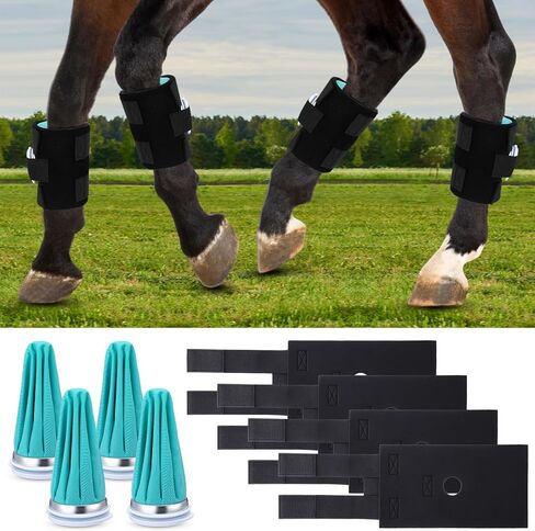 Aliceset 4 عبوات من عبوات الثلج لركبة الحصان مقاس 5 بوصة × 13 بوصة حزمة تبريد مع أشرطة مرنة لإصابات الحصان، حزمة باردة من حذاء الثلج قابلة لإعادة الاستخدام لمفاصل ساق الحصان in Kuwait