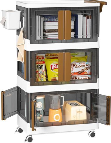 HAIXIN HOME Utility Cart with Doors, 3-Tier Rolling Storage Cart with Hooks and Containers, Snack Cart on Wheels for Kitchen, Office, and Home Organization in Saudi Arabia