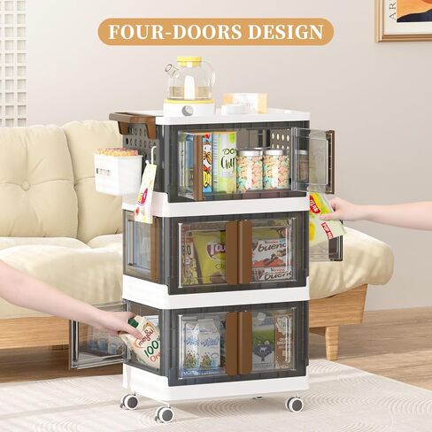 HAIXIN HOME Utility Cart with Doors, 3-Tier Rolling Storage Cart with Hooks and Containers, Snack Cart on Wheels for Kitchen, Office, and Home Organization in Saudi Arabia