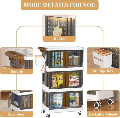 HAIXIN HOME Utility Cart with Doors, 3-Tier Rolling Storage Cart with Hooks and Containers, Snack Cart on Wheels for Kitchen, Office, and Home Organization in Saudi Arabia