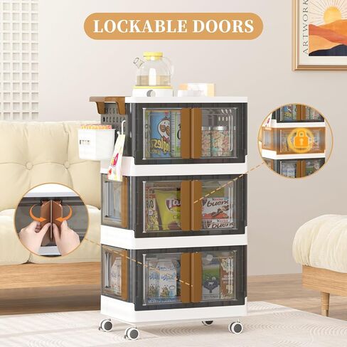 HAIXIN HOME Utility Cart with Doors, 3-Tier Rolling Storage Cart with Hooks and Containers, Snack Cart on Wheels for Kitchen, Office, and Home Organization in Saudi Arabia