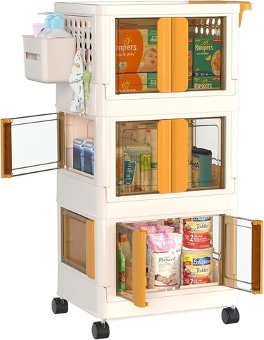 HAIXIN HOME Utility Cart with Doors, 3-Tier Rolling Storage Cart with Hooks and Containers, Snack Cart on Wheels for Kitchen, Office, and Home Organization in Saudi Arabia