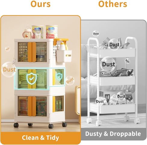 HAIXIN HOME Utility Cart with Doors, 3-Tier Rolling Storage Cart with Hooks and Containers, Snack Cart on Wheels for Kitchen, Office, and Home Organization in Saudi Arabia