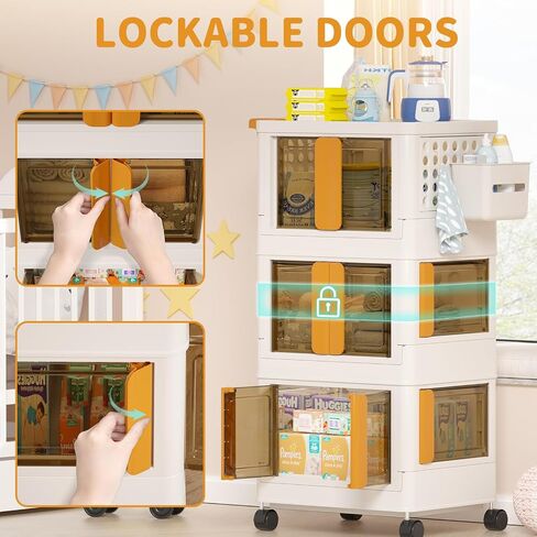 HAIXIN HOME Utility Cart with Doors, 3-Tier Rolling Storage Cart with Hooks and Containers, Snack Cart on Wheels for Kitchen, Office, and Home Organization in Saudi Arabia
