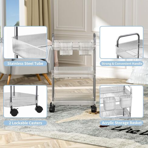 عربة تخزين أكريليك من WASJOYE ذات 3 طبقات مع سلال تخزين، عربة أدوات متنقلة شفافة مع سهولة التجميع، عربة دوارة موفرة للمساحة لغرفة النوم والحمام وغرفة المعيشة in Kuwait