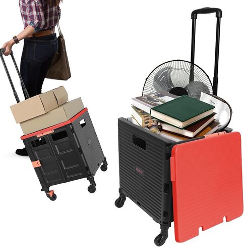 Rolling Crate Utility Cart Collapsible Tote Basket Teacher Cart with Lid Wear-Resistant Noiseless 360°Rotate Wheel Telescoping Handle for Trave Moving Luggage Use(Black,110lbs) in Saudi Arabia