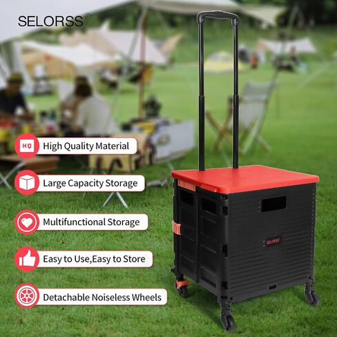 Rolling Crate Utility Cart Collapsible Tote Basket Teacher Cart with Lid Wear-Resistant Noiseless 360°Rotate Wheel Telescoping Handle for Trave Moving Luggage Use(Black,110lbs) in Saudi Arabia