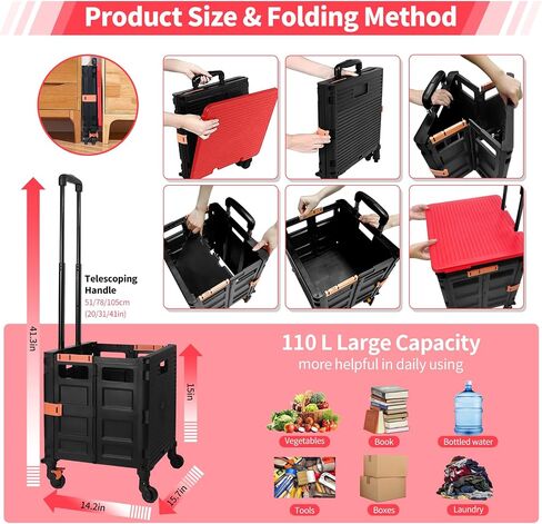 Rolling Crate Utility Cart Collapsible Tote Basket Teacher Cart with Lid Wear-Resistant Noiseless 360°Rotate Wheel Telescoping Handle for Trave Moving Luggage Use(Black,110lbs) in Saudi Arabia