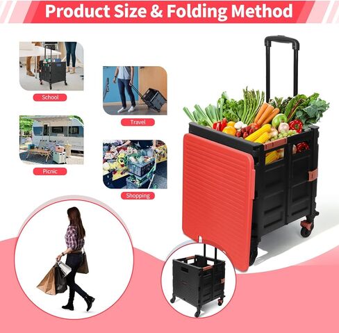 Rolling Crate Utility Cart Collapsible Tote Basket Teacher Cart with Lid Wear-Resistant Noiseless 360°Rotate Wheel Telescoping Handle for Trave Moving Luggage Use(Black,110lbs) in Saudi Arabia
