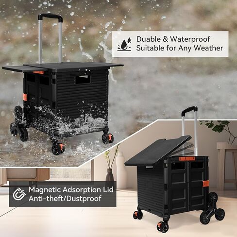 Rolling Crate Utility Cart Collapsible Tote Basket Teacher Cart with Lid Wear-Resistant Noiseless 360°Rotate Wheel Telescoping Handle for Trave Moving Luggage Use(Black,110lbs) in Saudi Arabia