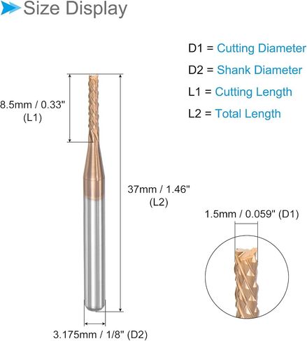 Corn End Mills, 1.5mm Cutting Diameter 3.175mm 1/8" Shank, Ti-Coated Solid Carbide Left Hand CNC Router Bits Milling Tools - (Applications: for PCB Wood Plastic), 2-Pieces in Saudi Arabia