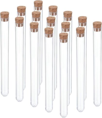 PATIKIL 13ml Plastic Test Tubes with Cork Stoppers, 15Pcs 150x15mm Tubes for Scientific Party Decoration Candy Bead Storage Bath Salt Lab Use, Clear in Saudi Arabia