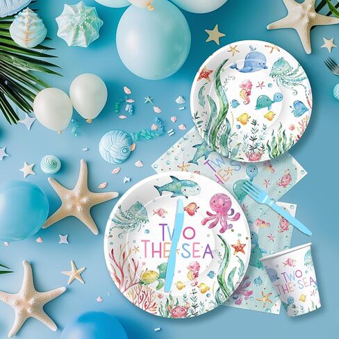 APOWBLS اثنين من أطباق عيد الميلاد والمناديل البحرية، زينة عيد الميلاد الثاني للمحيط تحت البحر، طبق، كوب، منديل، شوكة، الحياة البحرية تحت الماء زينة عيد ميلاد عمرها عامين | يخدم 24 in Kuwait