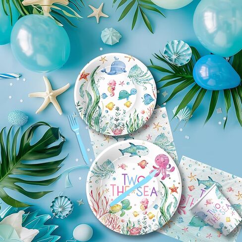 APOWBLS اثنين من أطباق عيد الميلاد والمناديل البحرية، زينة عيد الميلاد الثاني للمحيط تحت البحر، طبق، كوب، منديل، شوكة، الحياة البحرية تحت الماء زينة عيد ميلاد عمرها عامين | يخدم 24 in Kuwait