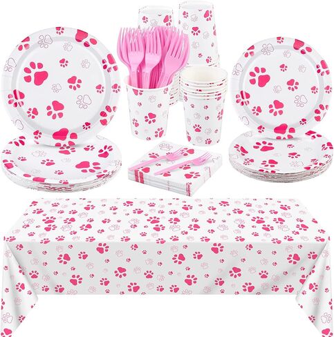 durony 121 Pieces Pink Paw Print Party Supplies Dog Birthday Tablecloth, Plates, Napkins, Forks and Paper Cups Decorations for Puppy Theme Party Supplies in Saudi Arabia