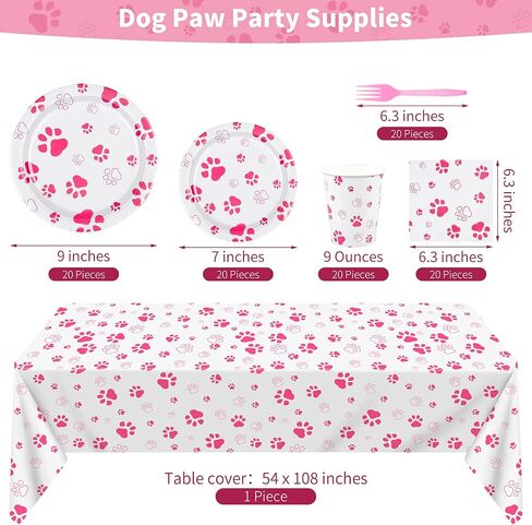 durony 121 Pieces Pink Paw Print Party Supplies Dog Birthday Tablecloth, Plates, Napkins, Forks and Paper Cups Decorations for Puppy Theme Party Supplies in Saudi Arabia