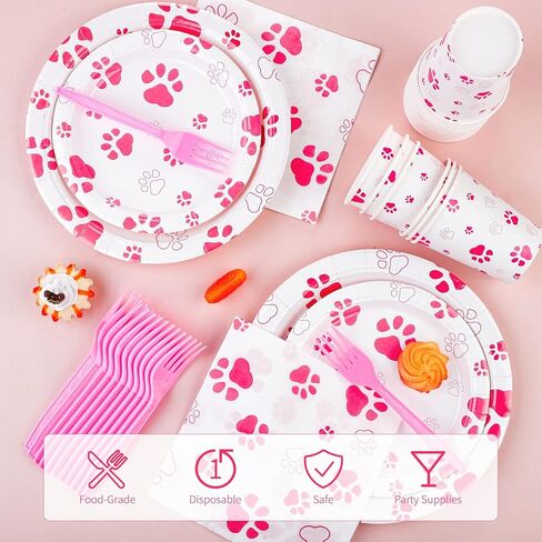 durony 121 Pieces Pink Paw Print Party Supplies Dog Birthday Tablecloth, Plates, Napkins, Forks and Paper Cups Decorations for Puppy Theme Party Supplies in Saudi Arabia