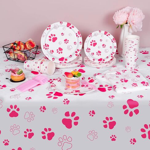 durony 121 Pieces Pink Paw Print Party Supplies Dog Birthday Tablecloth, Plates, Napkins, Forks and Paper Cups Decorations for Puppy Theme Party Supplies in Saudi Arabia