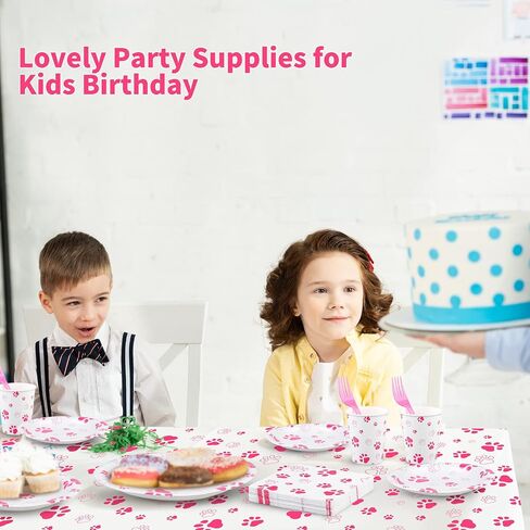 durony 121 Pieces Pink Paw Print Party Supplies Dog Birthday Tablecloth, Plates, Napkins, Forks and Paper Cups Decorations for Puppy Theme Party Supplies in Saudi Arabia