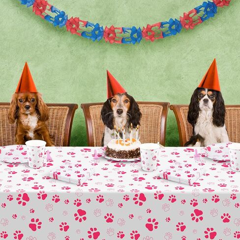 durony 121 Pieces Pink Paw Print Party Supplies Dog Birthday Tablecloth, Plates, Napkins, Forks and Paper Cups Decorations for Puppy Theme Party Supplies in Saudi Arabia