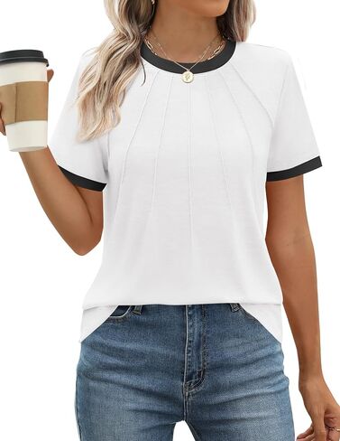 ZESICA Women's Casual Short Sleeve Pleated Shirts 2024 Summer Dressy Crewneck Color Block Tops in Saudi Arabia