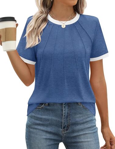ZESICA Women's Casual Short Sleeve Pleated Shirts 2024 Summer Dressy Crewneck Color Block Tops in Saudi Arabia