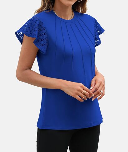 Funlingo Women's Summer Tops Lace Flutter Short Sleeve Tee Shirts 2024 Dressy Casual Pleated Crew Neck Knitted Tunic Blouse in Saudi Arabia