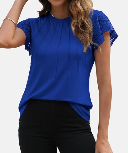 Funlingo Women's Summer Tops Lace Flutter Short Sleeve Tee Shirts 2024 Dressy Casual Pleated Crew Neck Knitted Tunic Blouse in Saudi Arabia