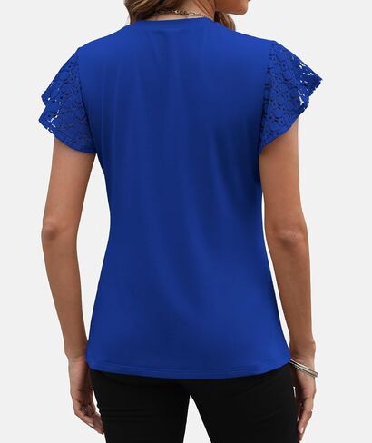 Funlingo Women's Summer Tops Lace Flutter Short Sleeve Tee Shirts 2024 Dressy Casual Pleated Crew Neck Knitted Tunic Blouse in Saudi Arabia