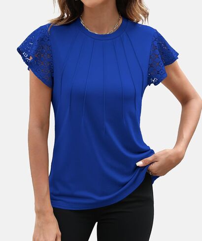 Funlingo Women's Summer Tops Lace Flutter Short Sleeve Tee Shirts 2024 Dressy Casual Pleated Crew Neck Knitted Tunic Blouse in Saudi Arabia