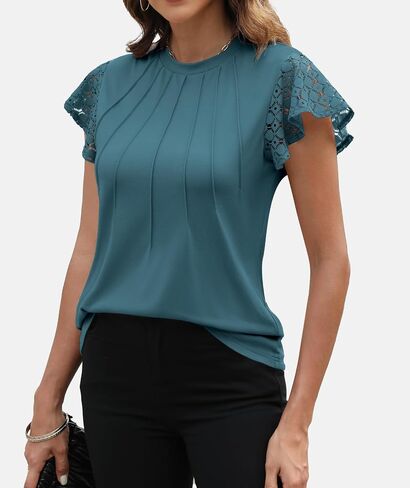 Funlingo Women's Summer Tops Lace Flutter Short Sleeve Tee Shirts 2024 Dressy Casual Pleated Crew Neck Knitted Tunic Blouse in Saudi Arabia