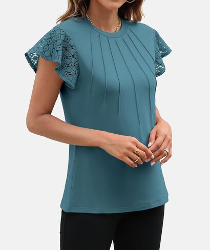 Funlingo Women's Summer Tops Lace Flutter Short Sleeve Tee Shirts 2024 Dressy Casual Pleated Crew Neck Knitted Tunic Blouse in Saudi Arabia