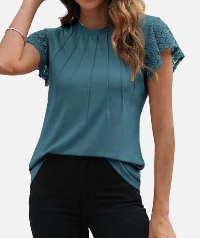 Funlingo Women's Summer Tops Lace Flutter Short Sleeve Tee Shirts 2024 Dressy Casual Pleated Crew Neck Knitted Tunic Blouse in Saudi Arabia