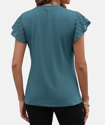 Funlingo Women's Summer Tops Lace Flutter Short Sleeve Tee Shirts 2024 Dressy Casual Pleated Crew Neck Knitted Tunic Blouse in Saudi Arabia