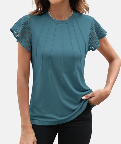 Funlingo Women's Summer Tops Lace Flutter Short Sleeve Tee Shirts 2024 Dressy Casual Pleated Crew Neck Knitted Tunic Blouse in Saudi Arabia