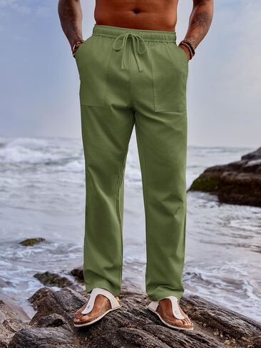 PASLTER Mens Linen Cotton Pants Casual Drawstring Elastic Wasit Pants Summer Beach Yoga Trousers in Saudi Arabia