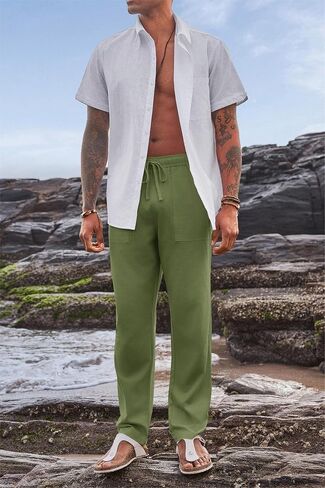 PASLTER Mens Linen Cotton Pants Casual Drawstring Elastic Wasit Pants Summer Beach Yoga Trousers in Saudi Arabia