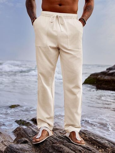 PASLTER Mens Linen Cotton Pants Casual Drawstring Elastic Wasit Pants Summer Beach Yoga Trousers in Saudi Arabia