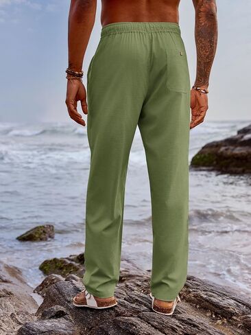 PASLTER Mens Linen Cotton Pants Casual Drawstring Elastic Wasit Pants Summer Beach Yoga Trousers in Saudi Arabia