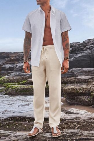 PASLTER Mens Linen Cotton Pants Casual Drawstring Elastic Wasit Pants Summer Beach Yoga Trousers in Saudi Arabia